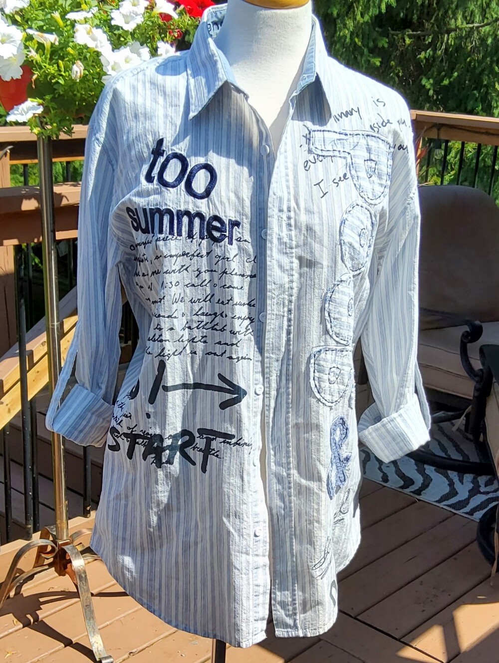 Desigual White & Light Blue Striped Button-Down Shirt with Graphic Script